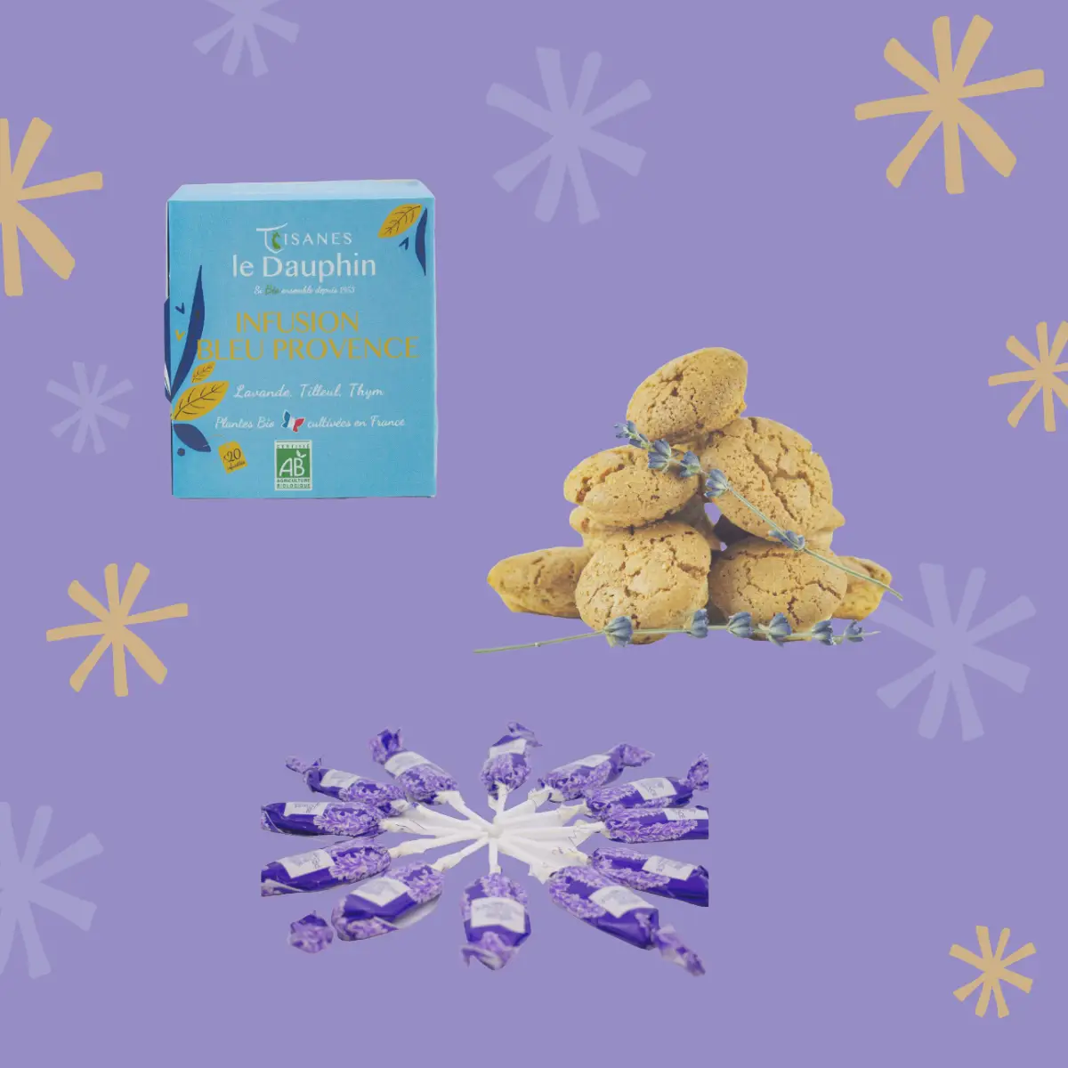 trio gourmand lavande macarrons tisane sucettes